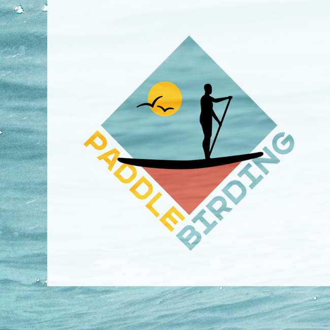 A diamond shaped blue logo with a silhouette of a paddleboarder and the workd paddle birding written below
