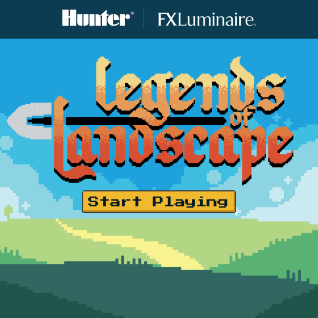 Pixelated logo that reads Legends of Landscape above a yellow Start Playing button on a pixelated landscape background.
